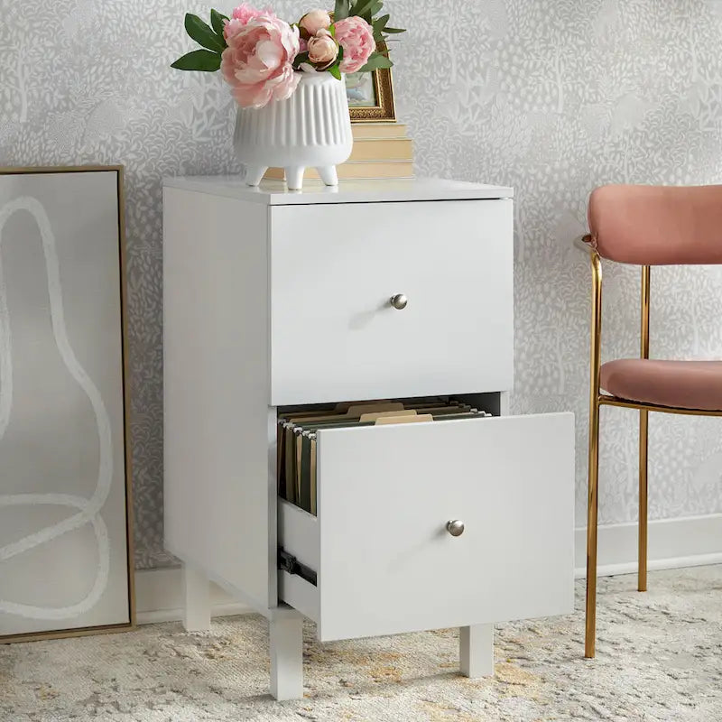 Cassettiera portadocumenti bianca a 2 cassetti – Legno massiccio e MDF, Stile rustico, 1 persona