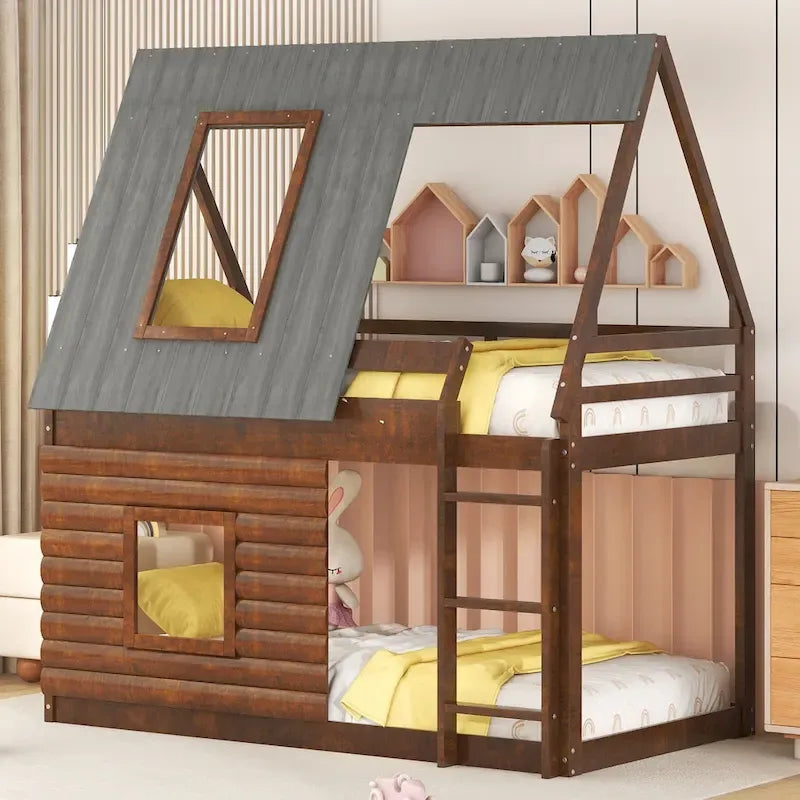 Letto a castello Oak & Smoky Grey House con tetto, scaletta e finestre – Singolo, 2 posti letto