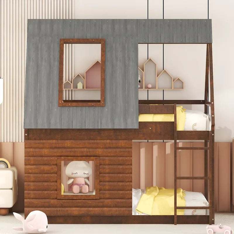 Letto a castello Oak & Smoky Grey House con tetto, scaletta e finestre – Singolo, 2 posti letto