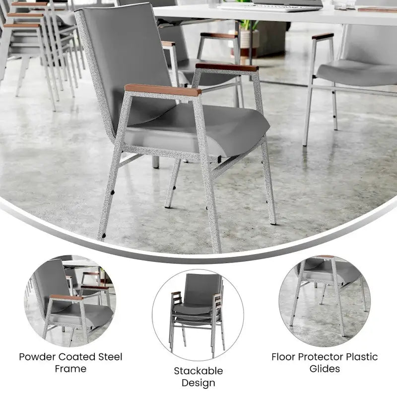 Sedia impilabile in vinile grigio/blu navy/nero con braccioli – 53 cm P x 53 cm L x 79 cm H, 1 persona
