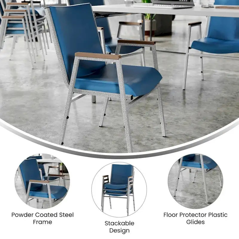 Sedia impilabile in vinile grigio/blu navy/nero con braccioli – 53 cm P x 53 cm L x 79 cm H, 1 persona