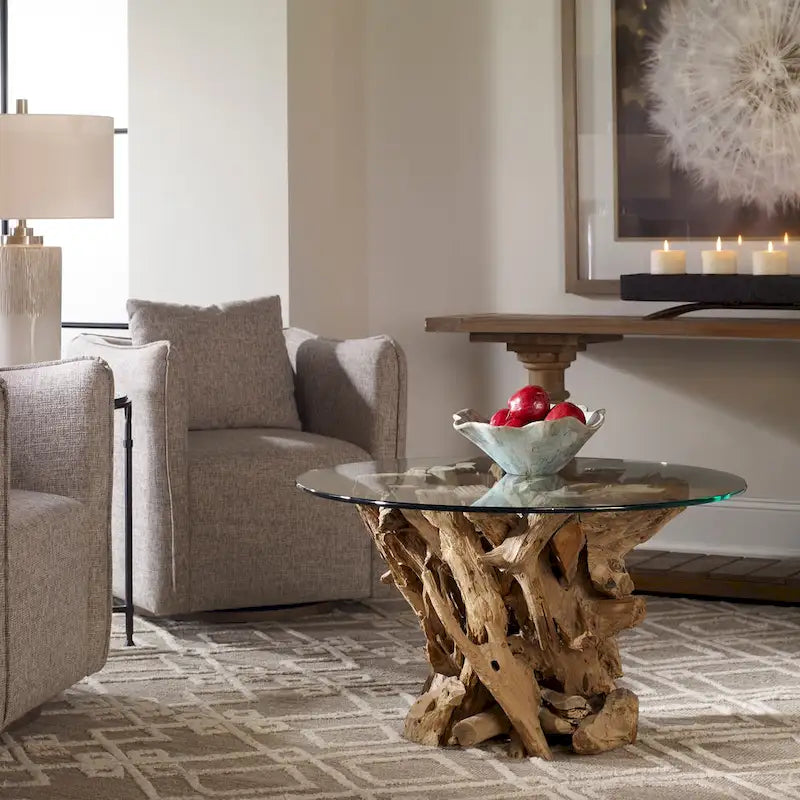 Tavolino da caffè rotondo con piano in vetro e base in legno Teak Naturale Driftwood, Marrone e Trasparente
