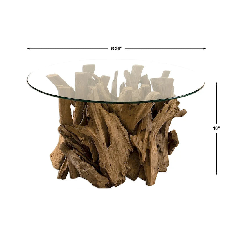 Tavolino da caffè rotondo con piano in vetro e base in legno Teak Naturale Driftwood, Marrone e Trasparente
