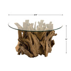 Tavolino da caffè rotondo con piano in vetro e base in legno Teak Naturale Driftwood, Marrone e Trasparente