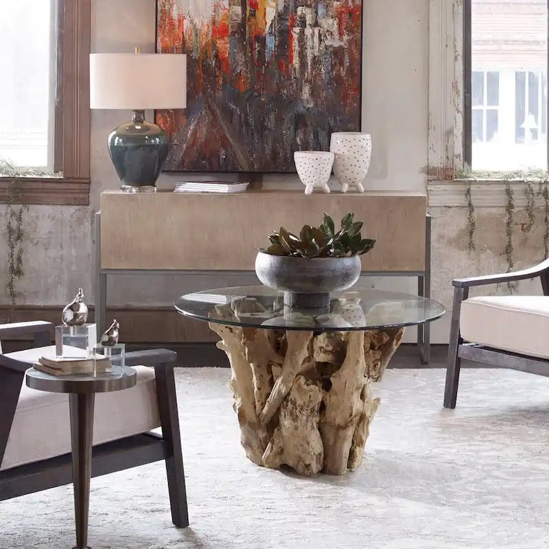 Tavolino da caffè rotondo con piano in vetro e base in legno Teak Naturale Driftwood, Marrone e Trasparente