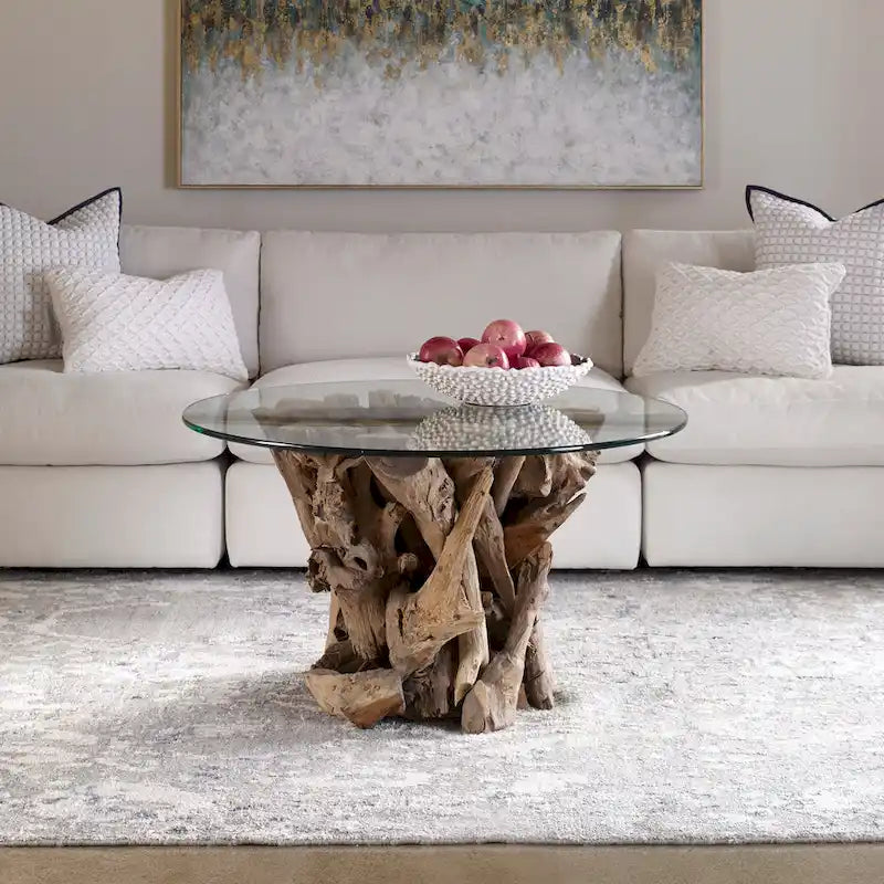Tavolino da caffè rotondo con piano in vetro e base in legno Teak Naturale Driftwood, Marrone e Trasparente
