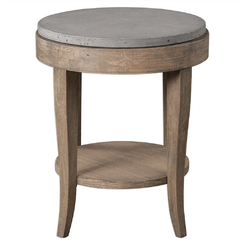 28.5  Brown Gray Vintage Style Round Concrete Birchwood Accent Table