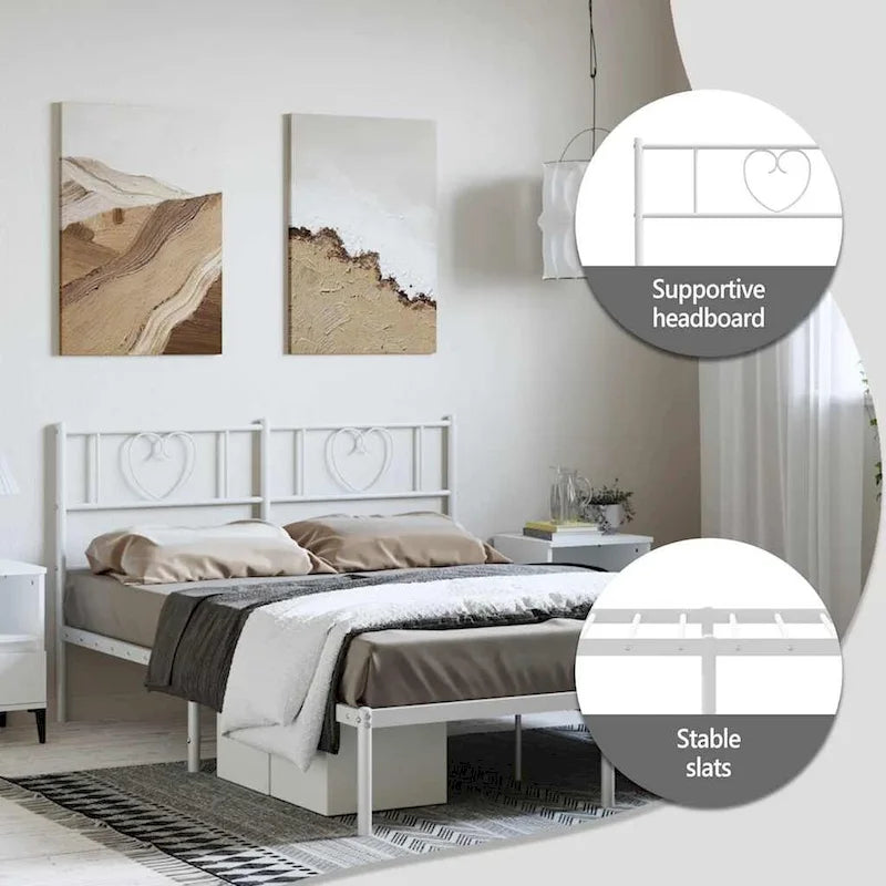 vidaXL Full Metal Bed Frame with Headboard, White, No Mattress - 77.2  x 55.9  x 35.4 