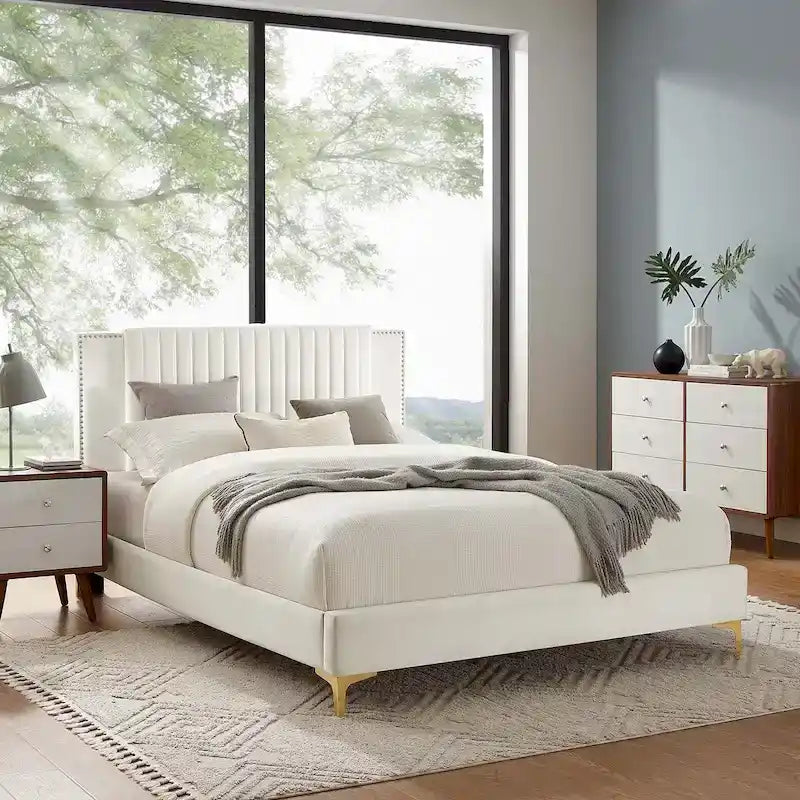 Letto a piattaforma Queen in velluto trapuntato a canale – Carbone / Blu / Bianco / Rosa, 2 persone