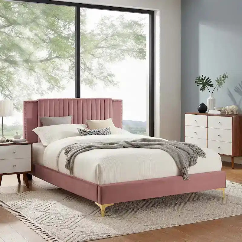 Letto a piattaforma Queen in velluto trapuntato a canale – Carbone / Blu / Bianco / Rosa, 2 persone