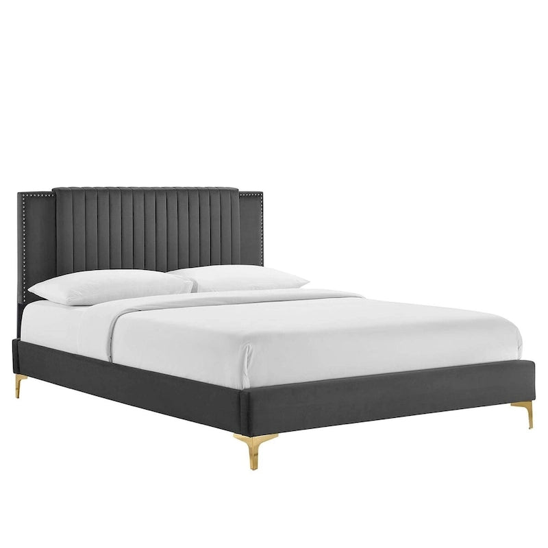 Letto a piattaforma Queen in velluto trapuntato a canale – Carbone / Blu / Bianco / Rosa, 2 persone