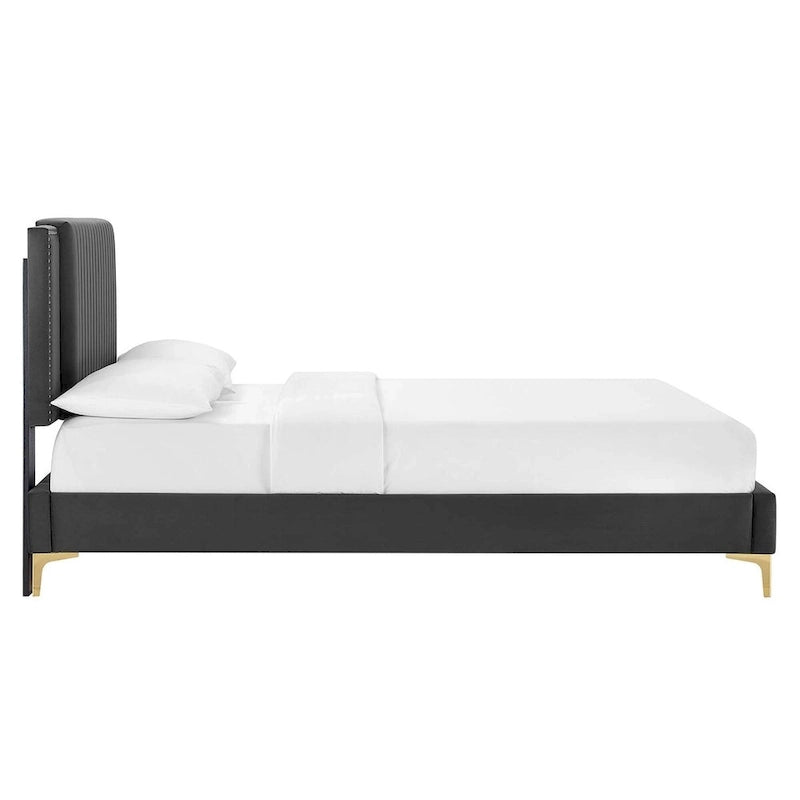 Letto a piattaforma Queen in velluto trapuntato a canale – Carbone / Blu / Bianco / Rosa, 2 persone