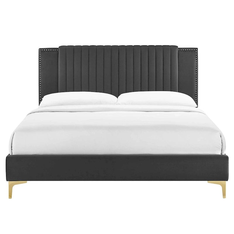 Letto a piattaforma Queen in velluto trapuntato a canale – Carbone / Blu / Bianco / Rosa, 2 persone