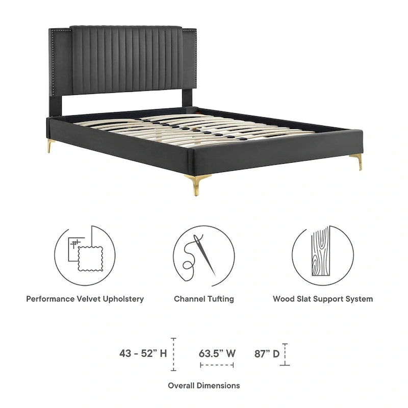 Letto a piattaforma Queen in velluto trapuntato a canale – Carbone / Blu / Bianco / Rosa, 2 persone