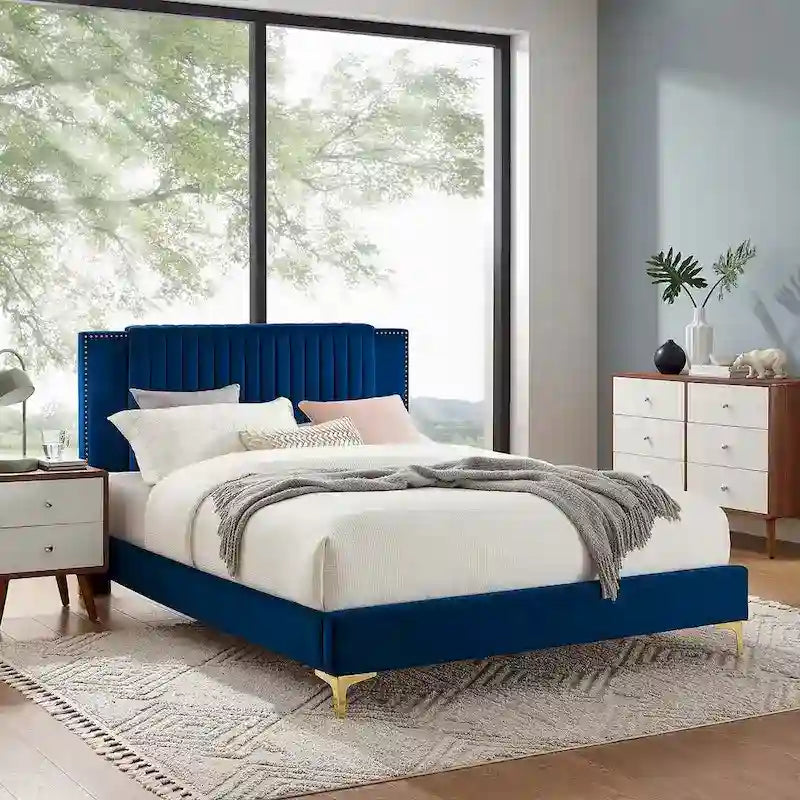 Letto a piattaforma Queen in velluto trapuntato a canale – Carbone / Blu / Bianco / Rosa, 2 persone