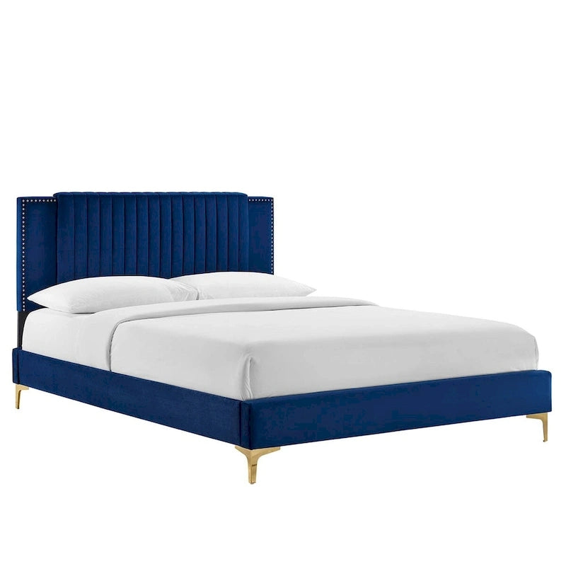 Letto a piattaforma Queen in velluto trapuntato a canale – Carbone / Blu / Bianco / Rosa, 2 persone