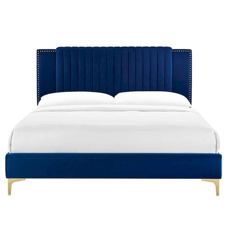 Letto a piattaforma Queen in velluto trapuntato a canale – Carbone / Blu / Bianco / Rosa, 2 persone