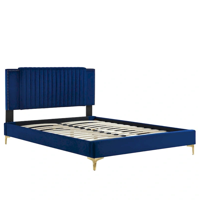 Letto a piattaforma Queen in velluto trapuntato a canale – Carbone / Blu / Bianco / Rosa, 2 persone