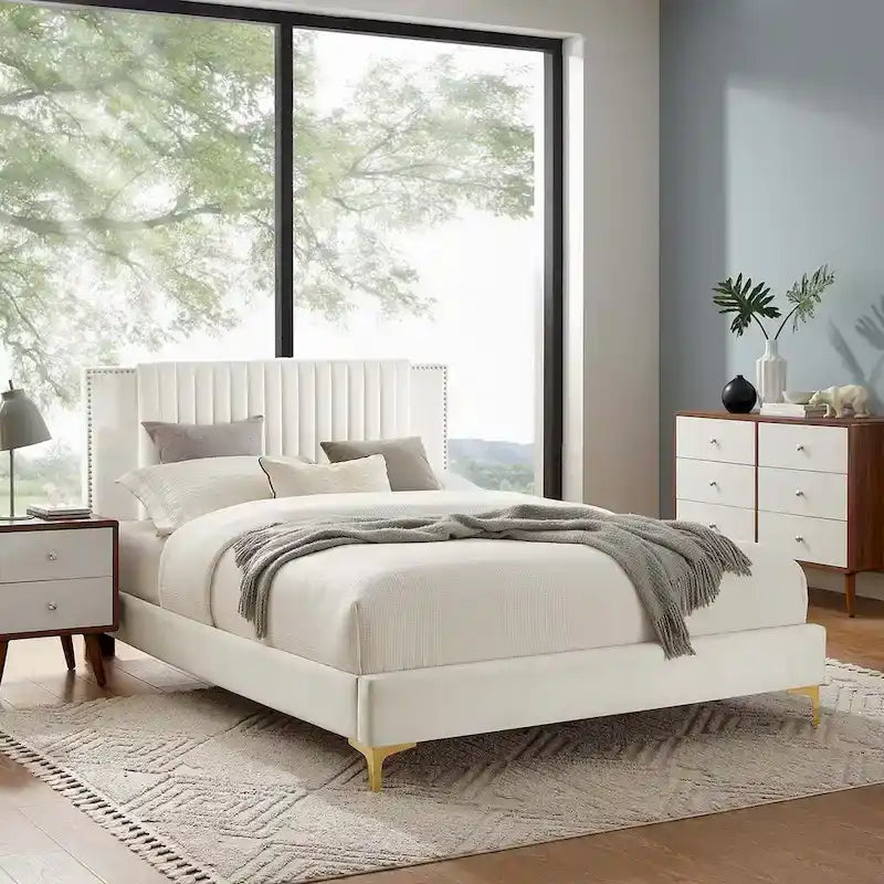 Letto a piattaforma Queen in velluto trapuntato a canale – Carbone / Blu / Bianco / Rosa, 2 persone