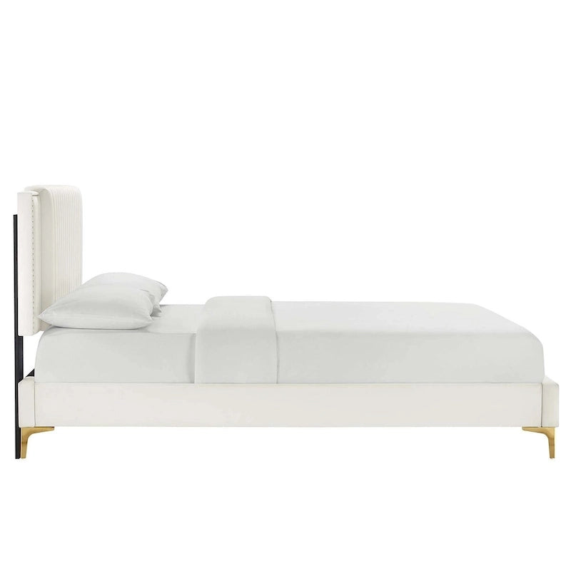 Letto a piattaforma Queen in velluto trapuntato a canale – Carbone / Blu / Bianco / Rosa, 2 persone