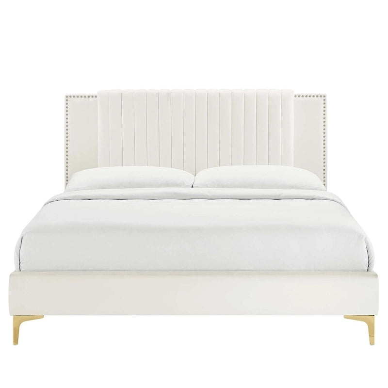 Letto a piattaforma Queen in velluto trapuntato a canale – Carbone / Blu / Bianco / Rosa, 2 persone