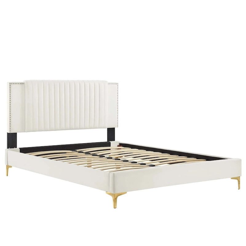 Letto a piattaforma Queen in velluto trapuntato a canale – Carbone / Blu / Bianco / Rosa, 2 persone