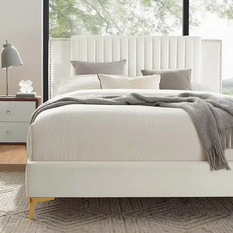 Letto a piattaforma Queen in velluto trapuntato a canale – Carbone / Blu / Bianco / Rosa, 2 persone