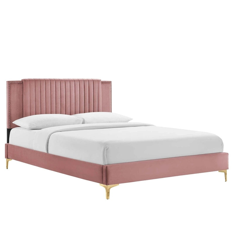 Letto a piattaforma Queen in velluto trapuntato a canale – Carbone / Blu / Bianco / Rosa, 2 persone