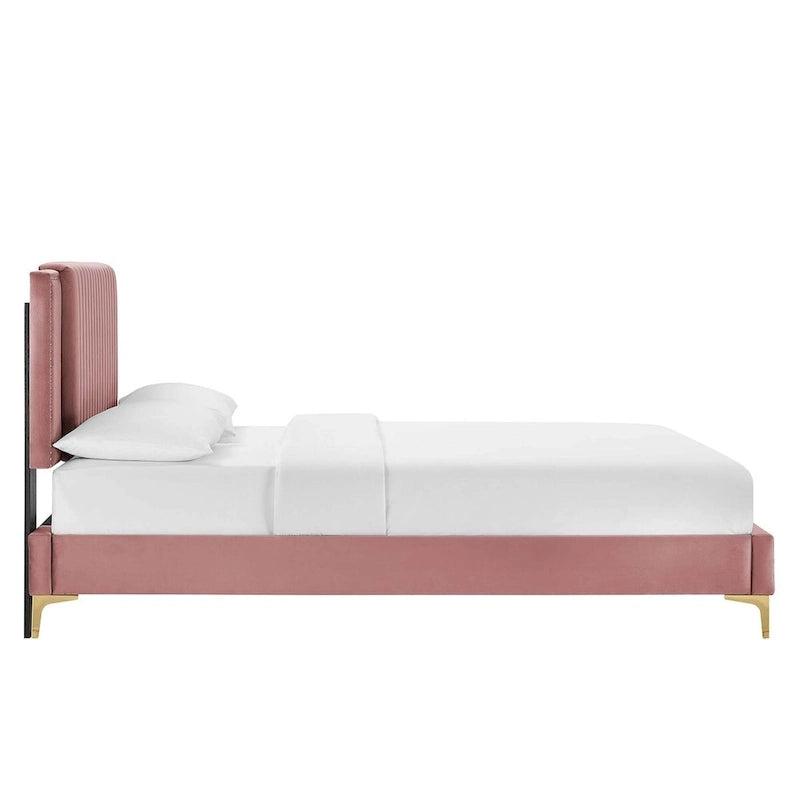 Letto a piattaforma Queen in velluto trapuntato a canale – Carbone / Blu / Bianco / Rosa, 2 persone