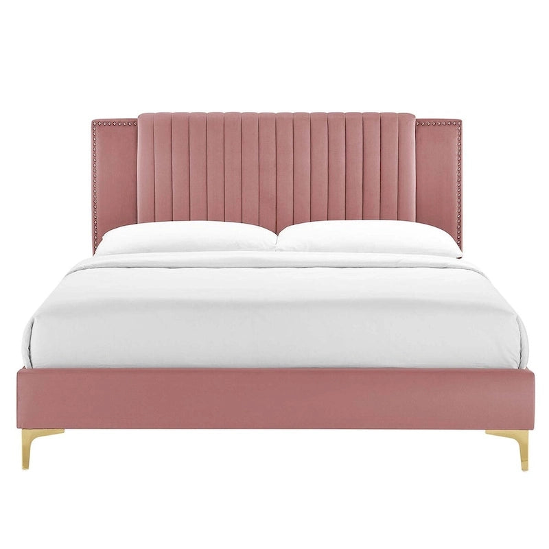 Letto a piattaforma Queen in velluto trapuntato a canale – Carbone / Blu / Bianco / Rosa, 2 persone
