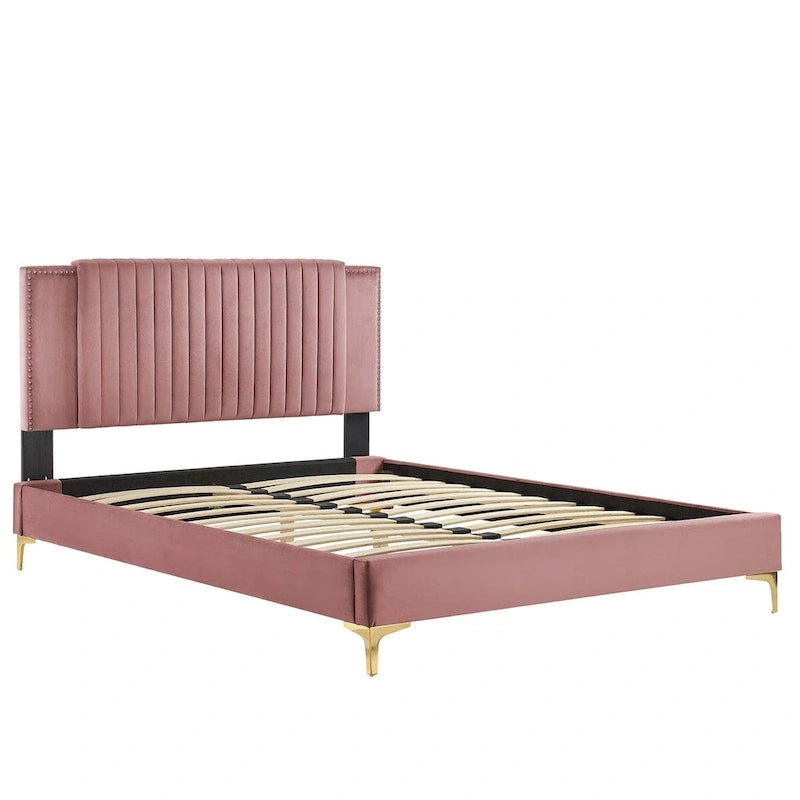 Letto a piattaforma Queen in velluto trapuntato a canale – Carbone / Blu / Bianco / Rosa, 2 persone