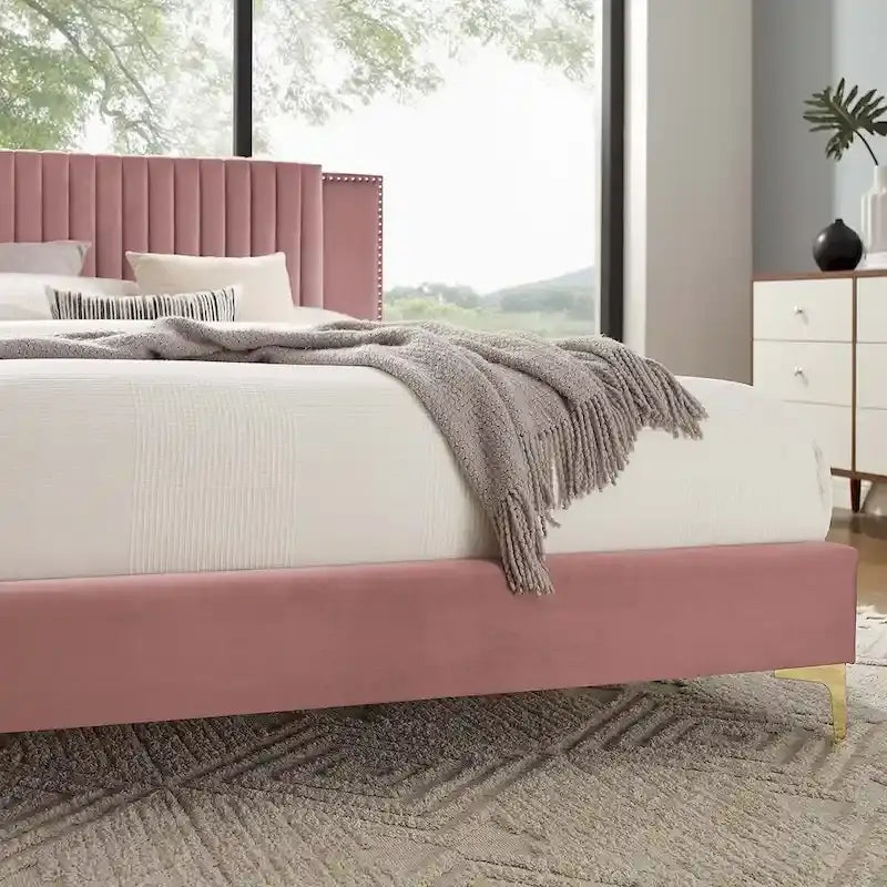 Letto a piattaforma Queen in velluto trapuntato a canale – Carbone / Blu / Bianco / Rosa, 2 persone