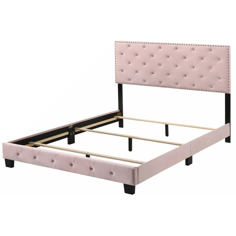 Letto a piattaforma Queen in velluto rosa, con borchie, 2 posti