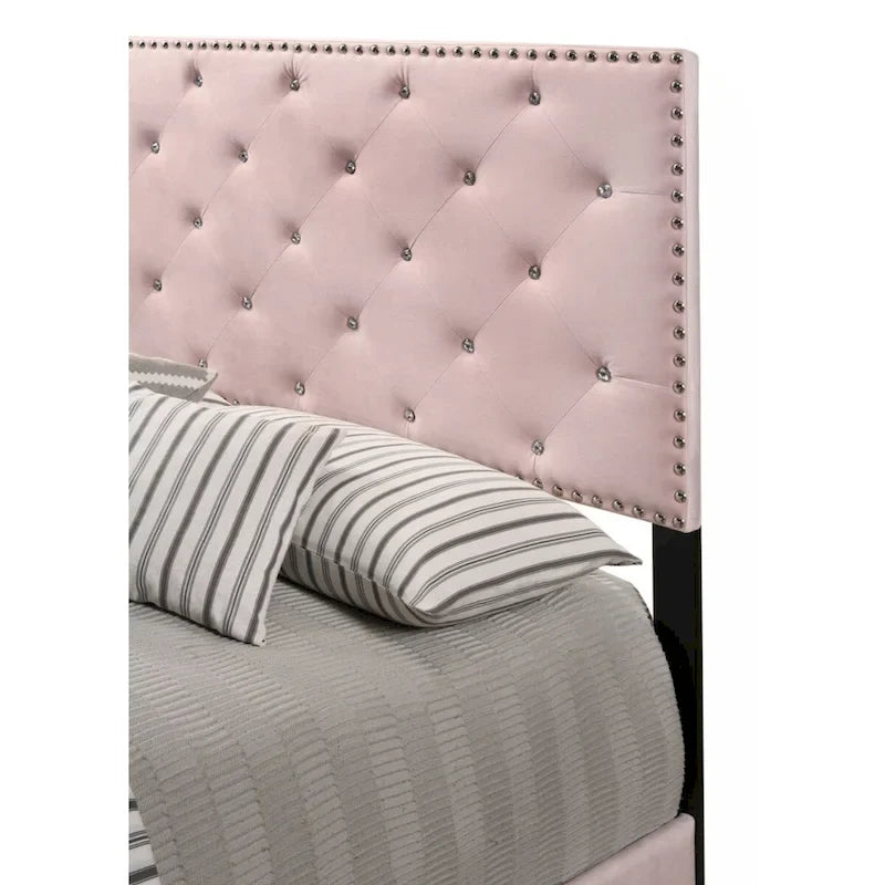 Letto a piattaforma Queen in velluto rosa, con borchie, 2 posti