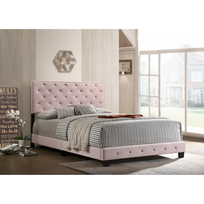 Letto a piattaforma Queen in velluto rosa, con borchie, 2 posti