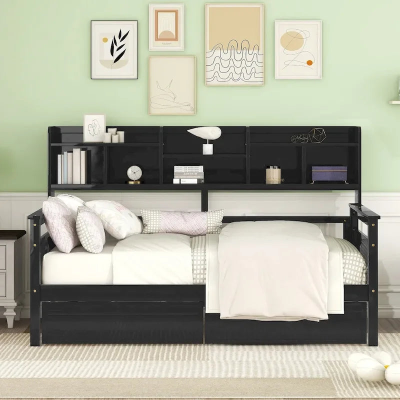 Daybed singolo (80 x 190 cm) con 2 cassetti e ripiano in colori Espresso, Grigio, Bianco.
