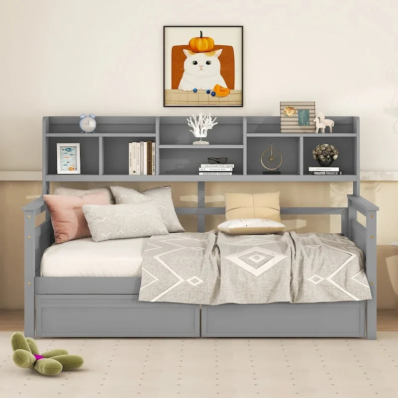 Daybed singolo (80 x 190 cm) con 2 cassetti e ripiano in colori Espresso, Grigio, Bianco.