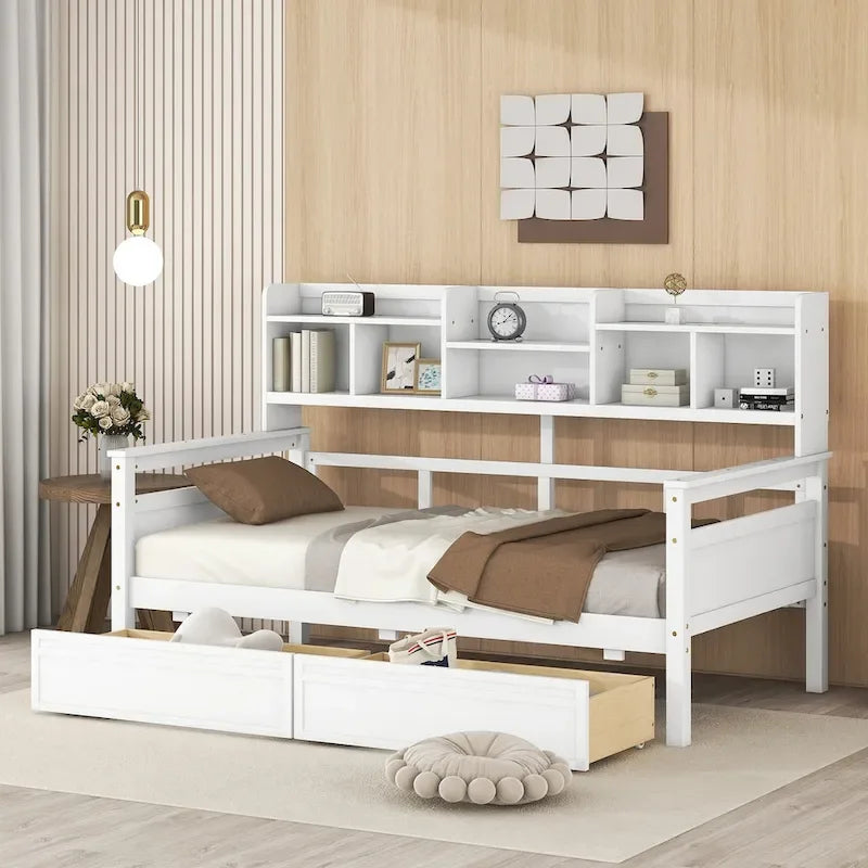 Daybed singolo (80 x 190 cm) con 2 cassetti e ripiano in colori Espresso, Grigio, Bianco.