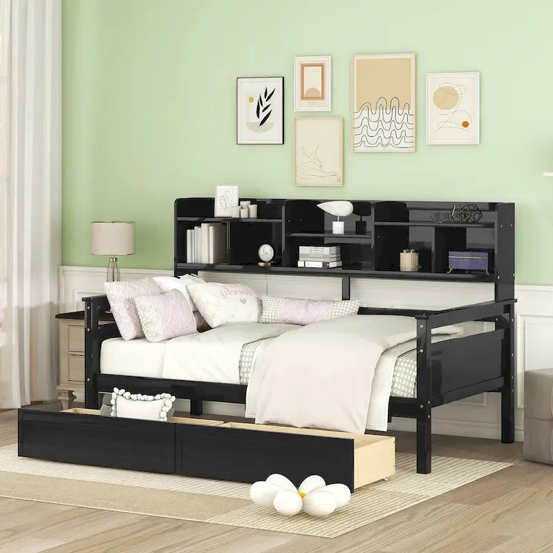 Daybed singolo (80 x 190 cm) con 2 cassetti e ripiano in colori Espresso, Grigio, Bianco.
