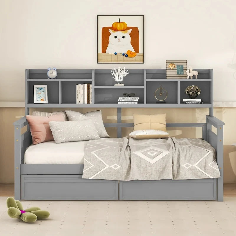 Daybed singolo (80 x 190 cm) con 2 cassetti e ripiano in colori Espresso, Grigio, Bianco.