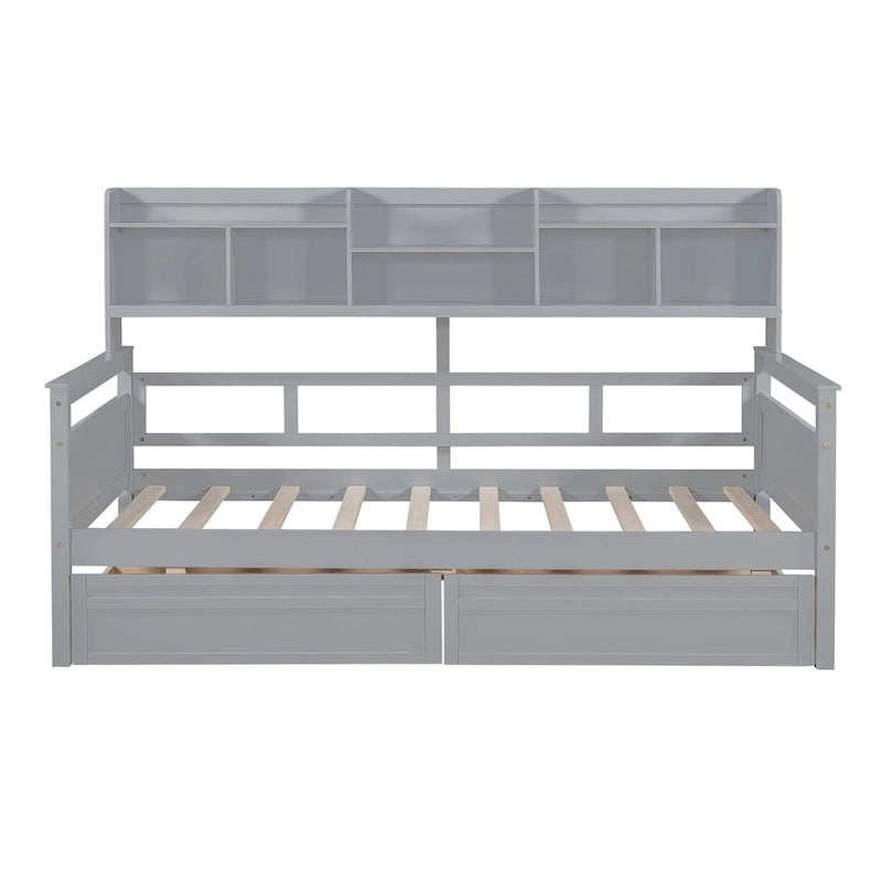 Daybed singolo (80 x 190 cm) con 2 cassetti e ripiano in colori Espresso, Grigio, Bianco.
