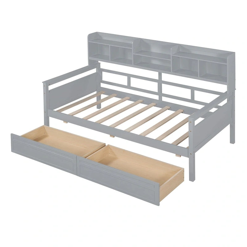 Daybed singolo (80 x 190 cm) con 2 cassetti e ripiano in colori Espresso, Grigio, Bianco.