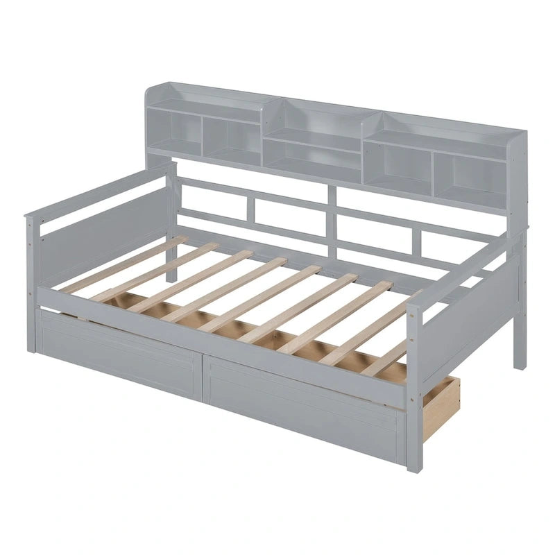 Daybed singolo (80 x 190 cm) con 2 cassetti e ripiano in colori Espresso, Grigio, Bianco.