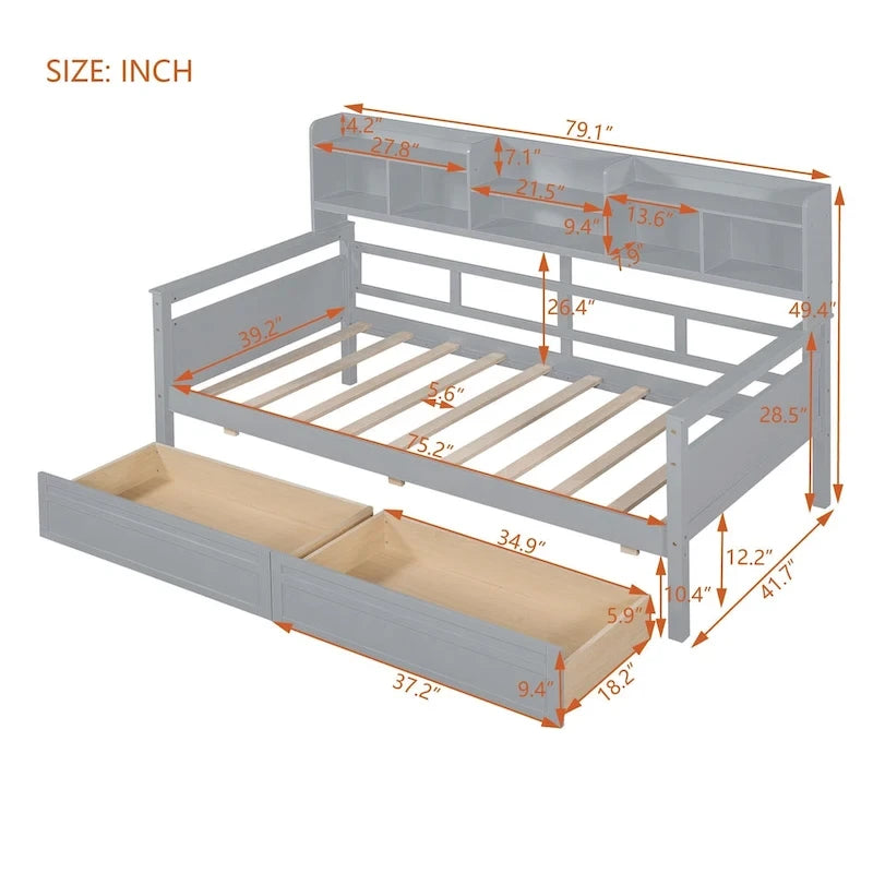 Daybed singolo (80 x 190 cm) con 2 cassetti e ripiano in colori Espresso, Grigio, Bianco.