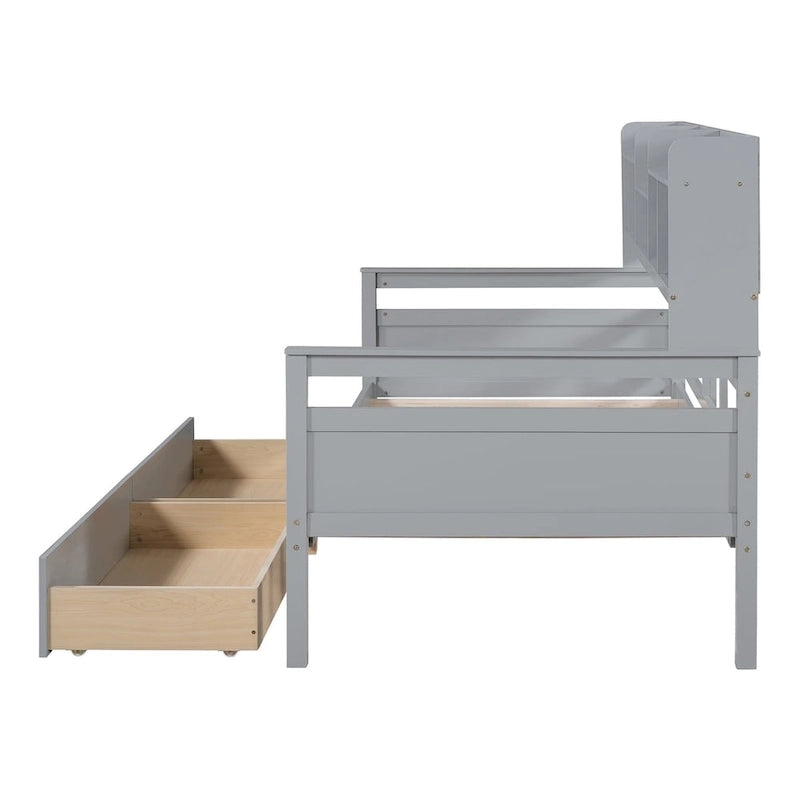 Daybed singolo (80 x 190 cm) con 2 cassetti e ripiano in colori Espresso, Grigio, Bianco.
