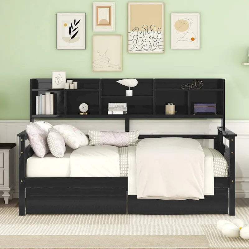 Daybed singolo (80 x 190 cm) con 2 cassetti e ripiano in colori Espresso, Grigio, Bianco.