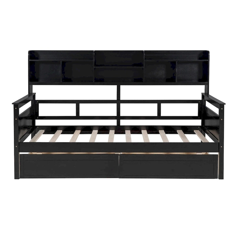 Daybed singolo (80 x 190 cm) con 2 cassetti e ripiano in colori Espresso, Grigio, Bianco.