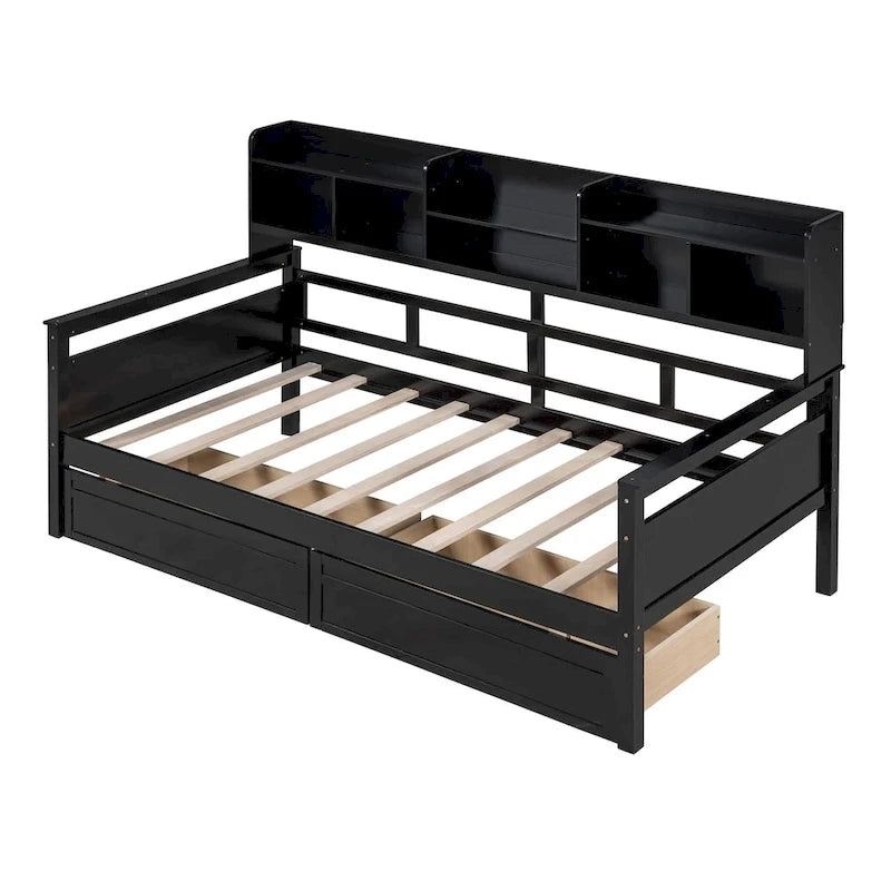 Daybed singolo (80 x 190 cm) con 2 cassetti e ripiano in colori Espresso, Grigio, Bianco.