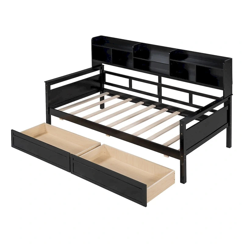 Daybed singolo (80 x 190 cm) con 2 cassetti e ripiano in colori Espresso, Grigio, Bianco.