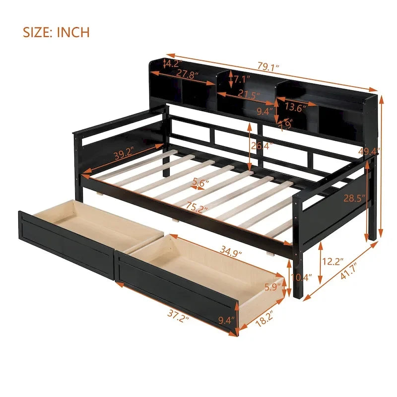 Daybed singolo (80 x 190 cm) con 2 cassetti e ripiano in colori Espresso, Grigio, Bianco.